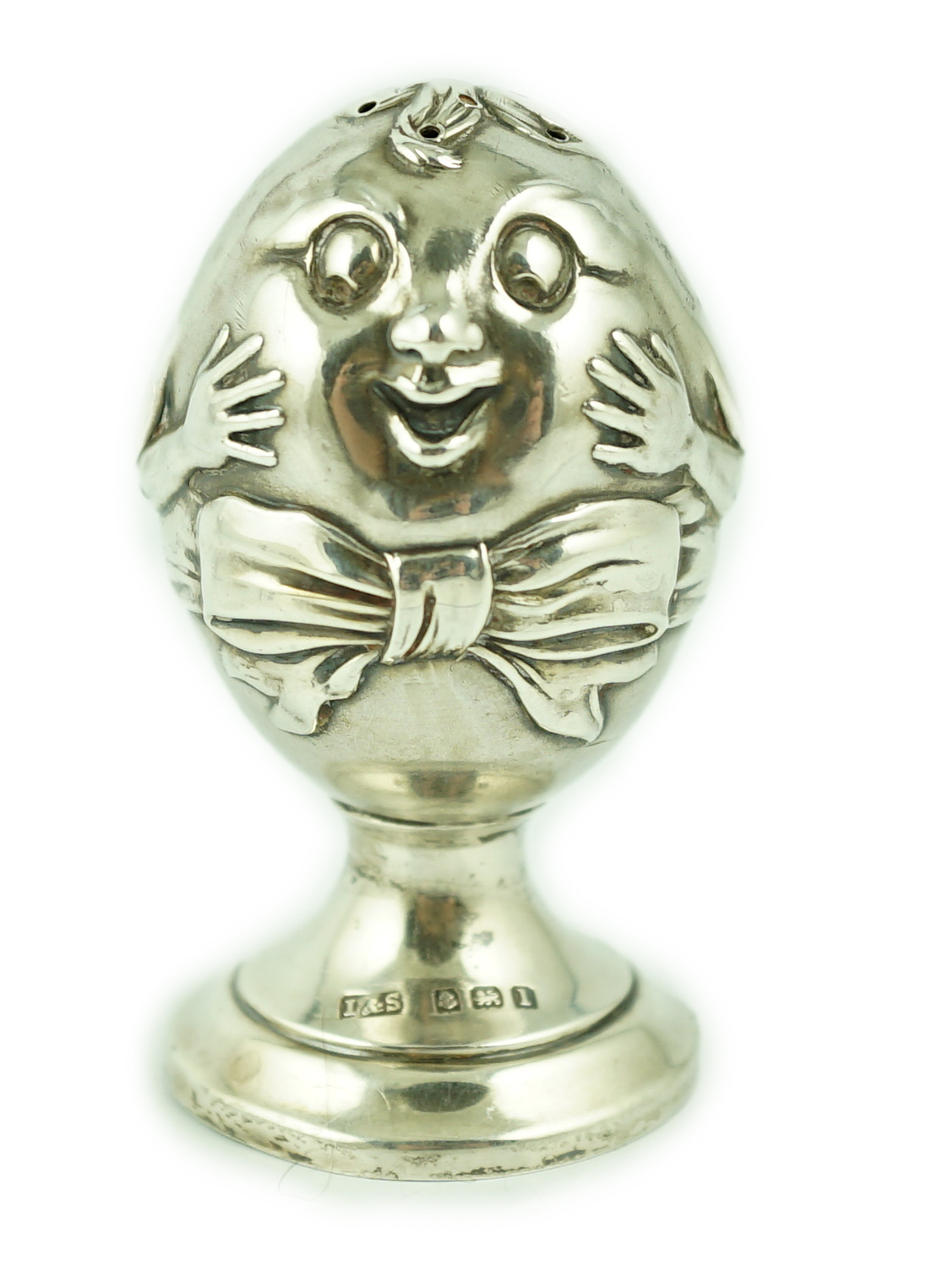 A George V novelty silver pepperette, modelled as Humpty Dumpty, by Levy & Salaman